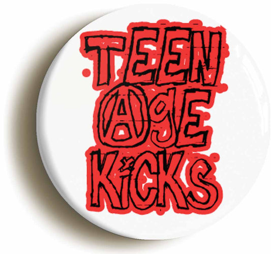 A picture of the front of the product, titled Teenage Kicks Punk Button Pin Badge