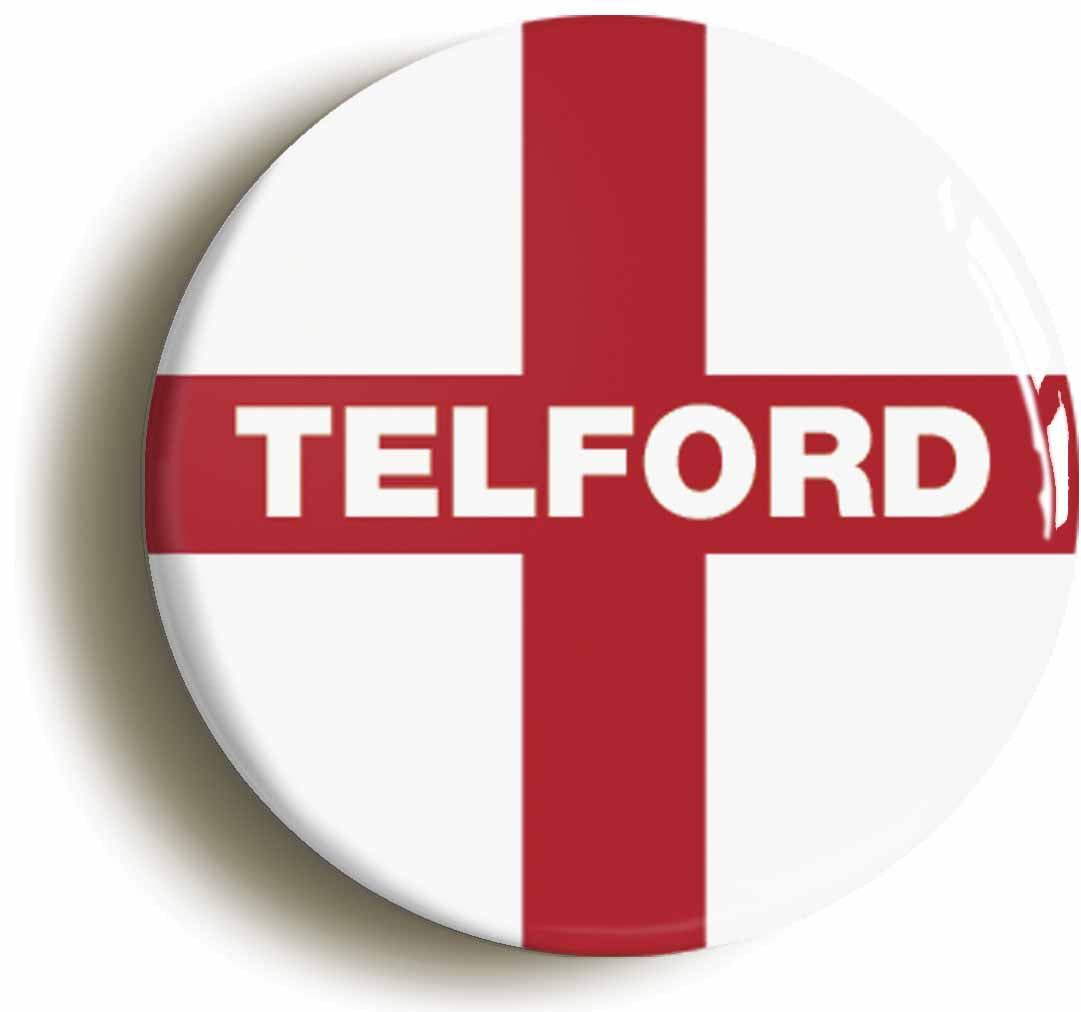 A picture of the front of the product, titled Telford England Flag Circular 50mm Fridge Magnet