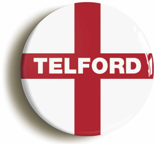 A picture of the front of the product, titled Telford England Flag Circular 50mm Fridge Magnet