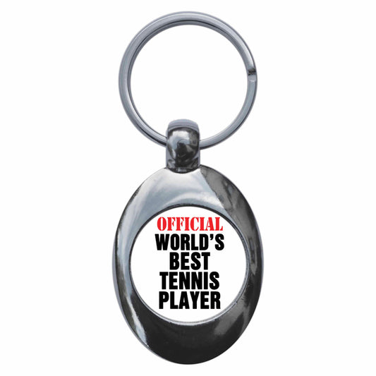 A picture of the front of the product, titled Official World's Best Tennis Player Metal Keyring With Trolley Coin