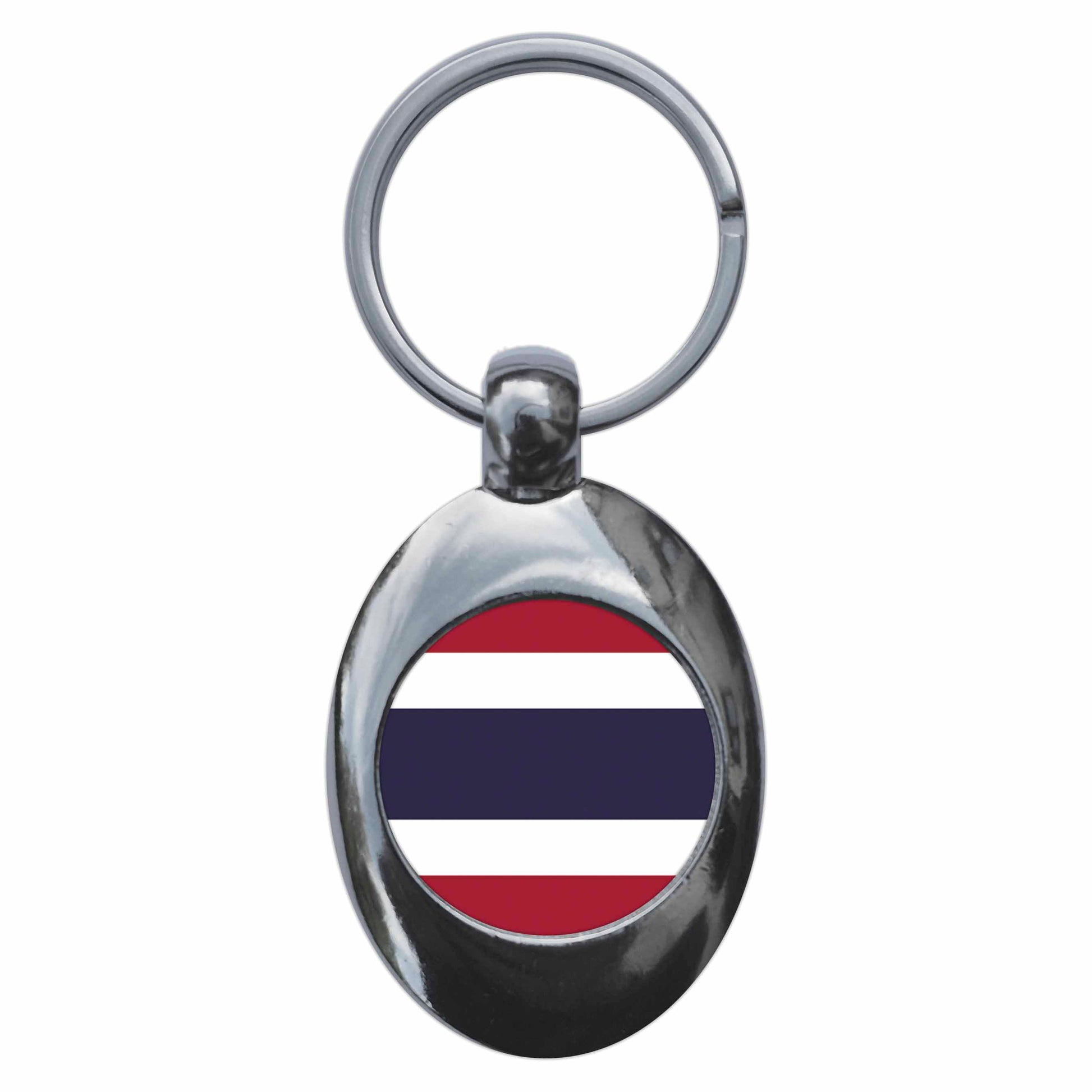 A picture of the front of the product, titled Thailand Thai National Flag Metal Keyring With Trolley Coin