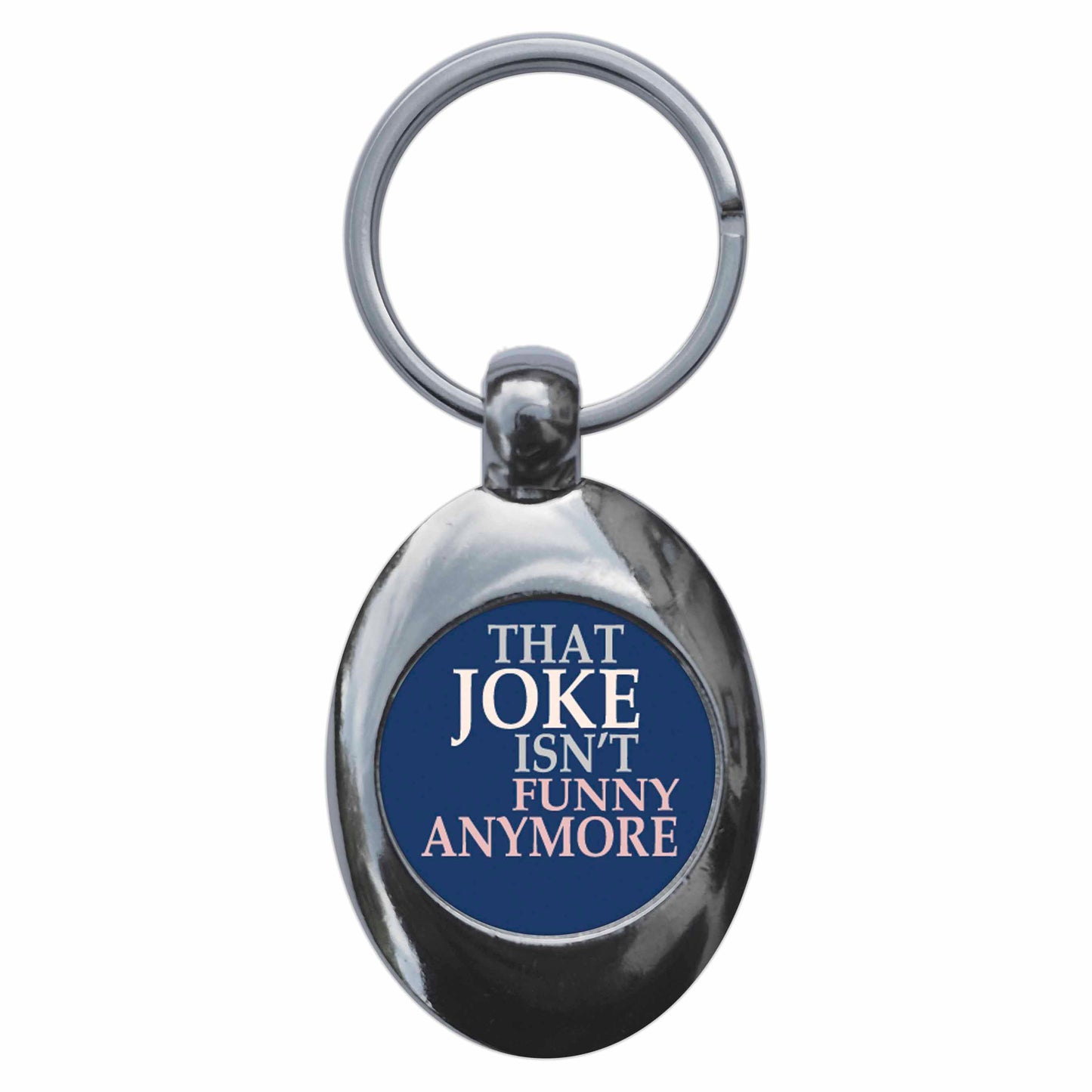 A picture of the front of the product, titled That Joke Isn't Funny Anymore Metal Keyring With Trolley Coin
