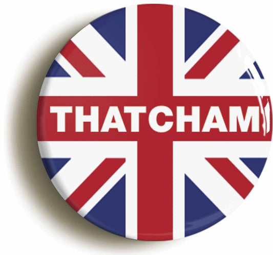 A picture of the front of the product, titled Thatcham Union Jack Button Pin Badge