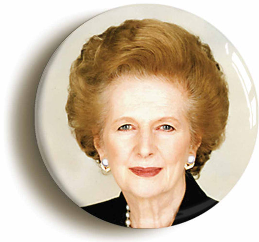 A picture of the front of the product, titled Margaret Thatcher Retro Eighties, Conservative, Tory Button Pin Badge