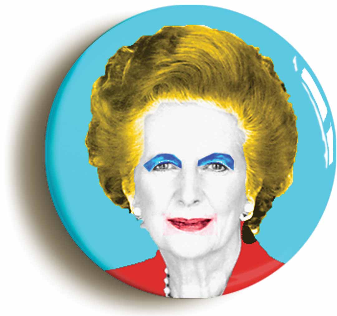 A picture of the front of the product, titled Pop Art Margaret Thatcher Button Pin Badge