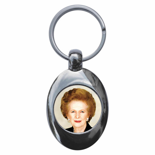 A picture of the front of the product, titled Margaret Thatcher Metal Keyring With Trolley Coin