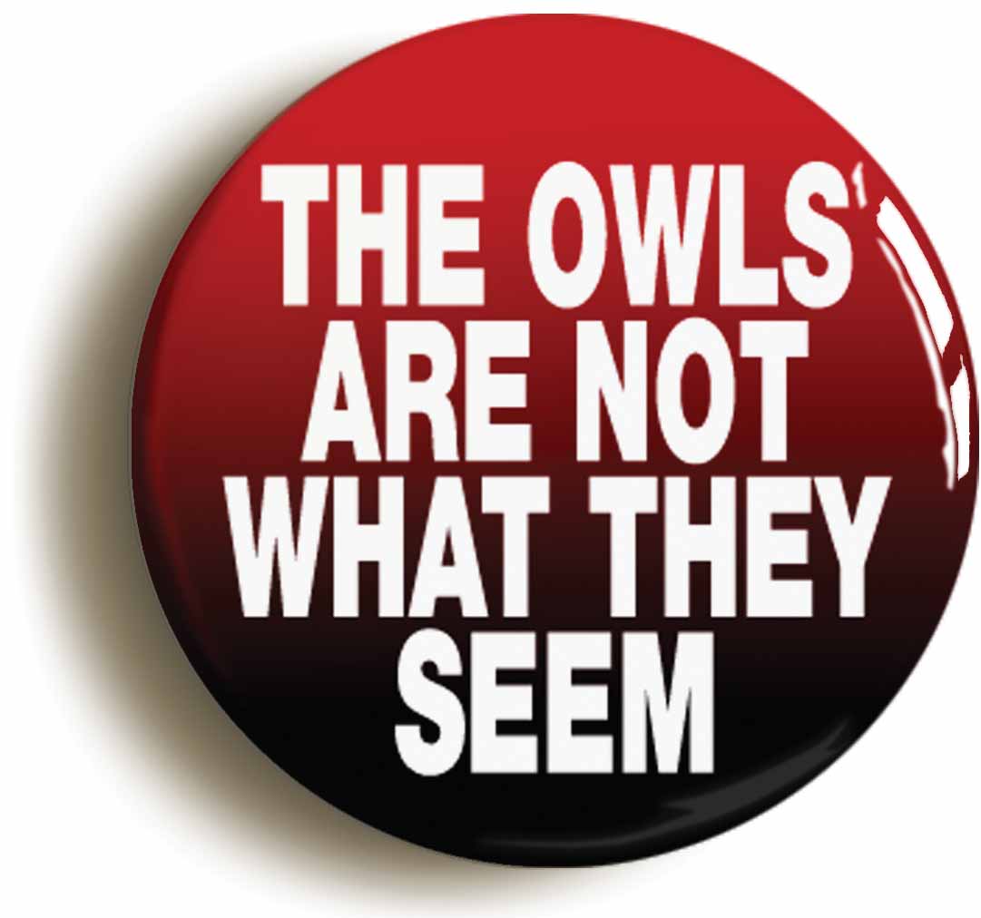 A picture of the front of the product, titled The Owls Are Not What They Seem Button Pin Badge