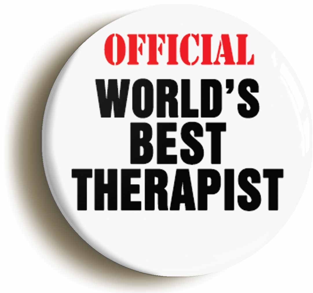 A picture of the front of the product, titled Official Worlds Best Therapist Funny Button Pin Badge