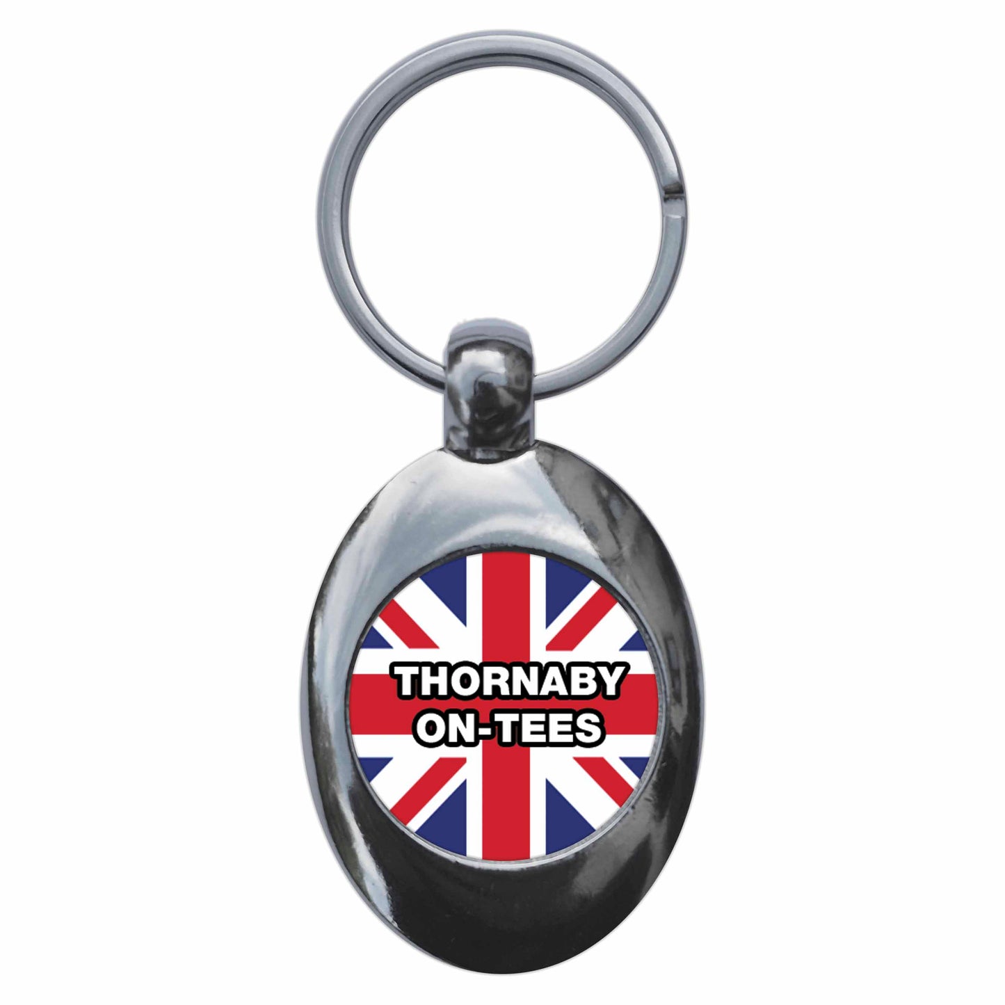 A picture of the front of the product, titled Thornaby-On-Tees Union Jack Metal Keyring With Trolley Coin
