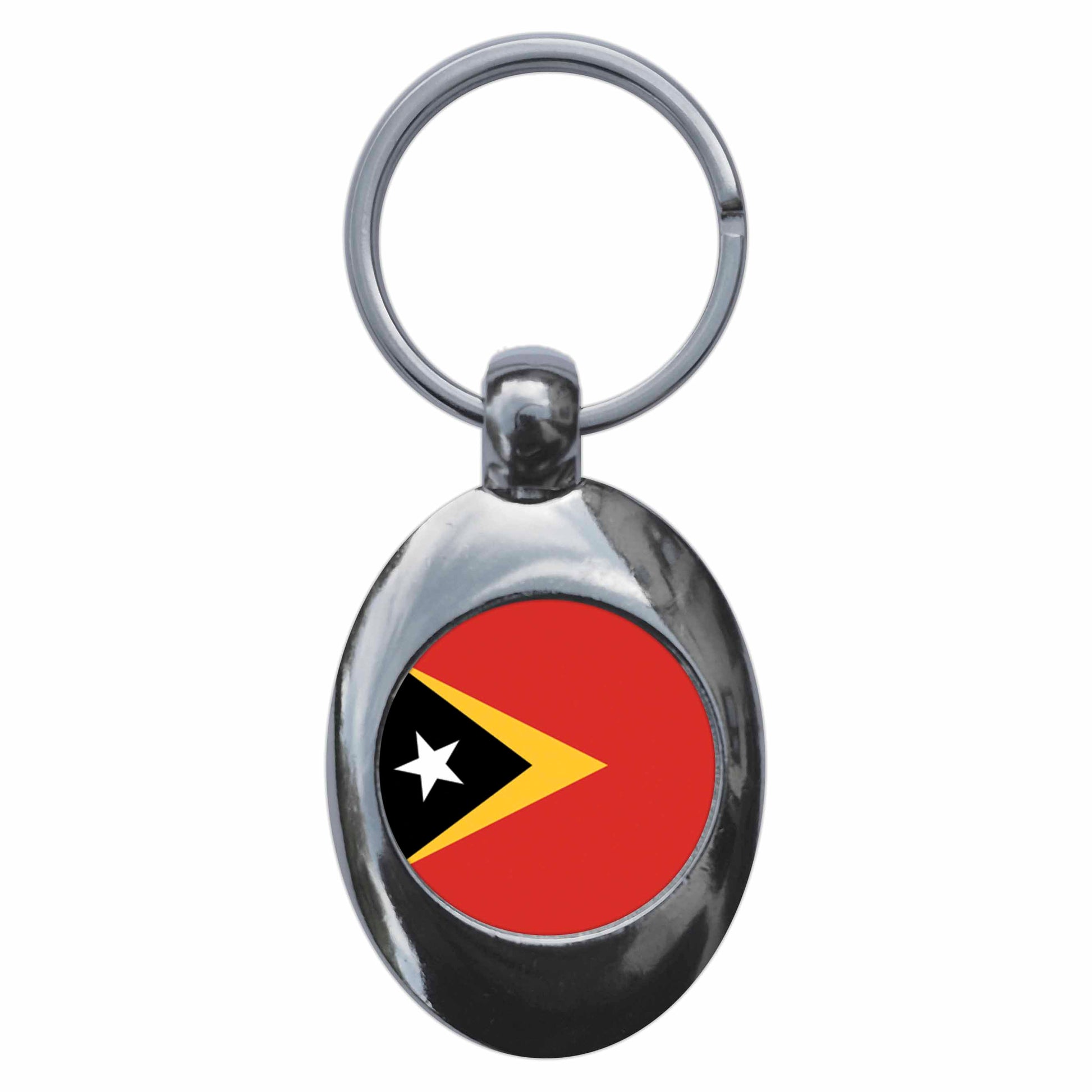 A picture of the front of the product, titled Timor-Leste East National Flag Metal Keyring With Trolley Coin