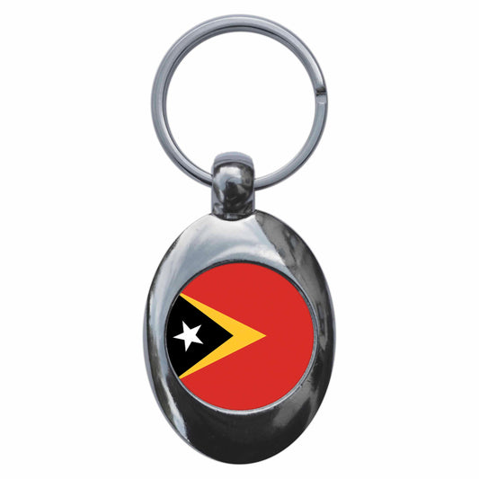 A picture of the front of the product, titled Timor-Leste East National Flag Metal Keyring With Trolley Coin