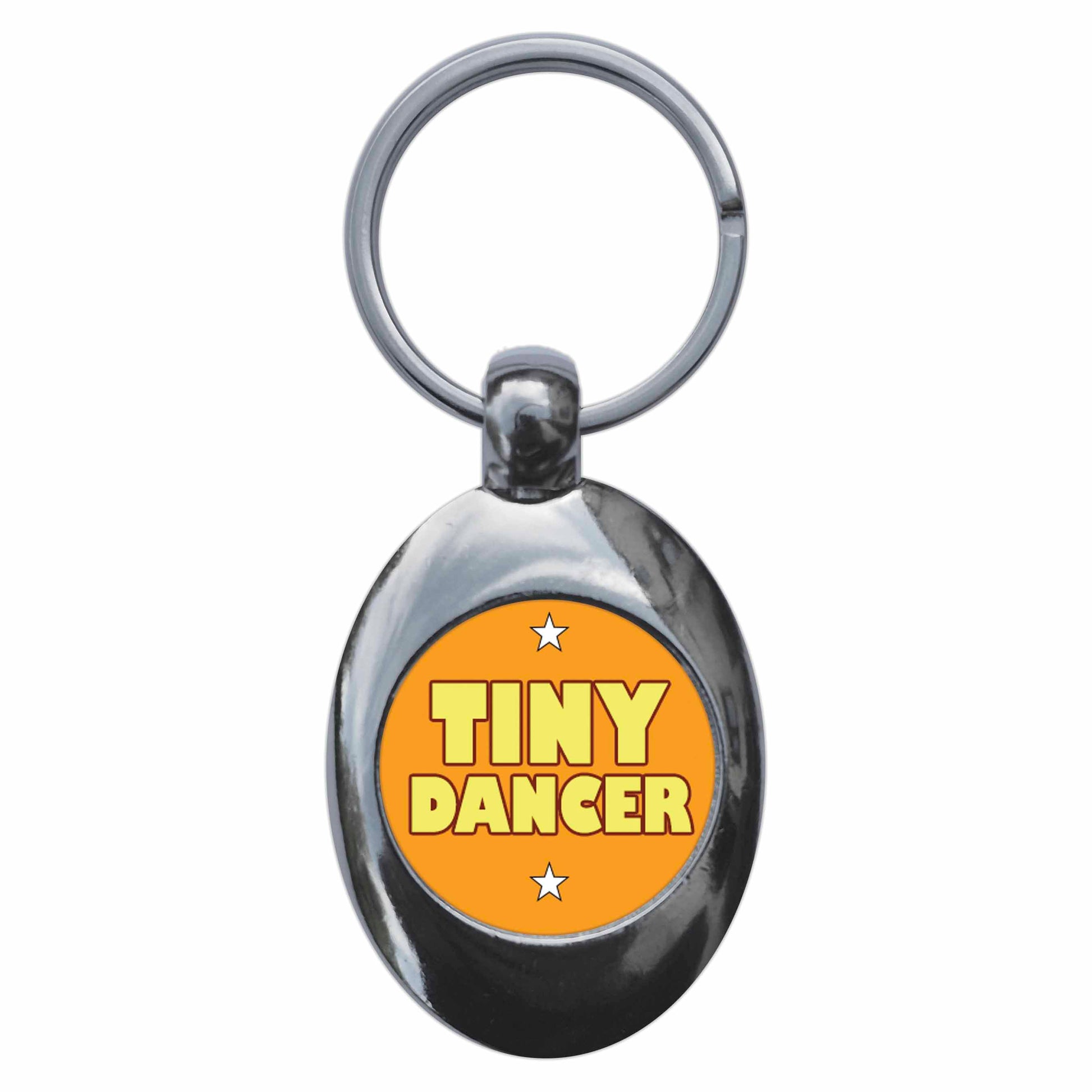 A picture of the front of the product, titled Tiny Dancer Metal Keyring With Trolley Coin