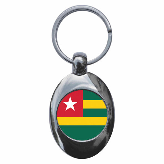 A picture of the front of the product, titled Togo Togolese National Flag Metal Keyring With Trolley Coin
