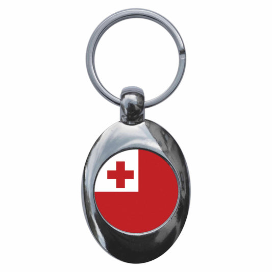 A picture of the front of the product, titled Tonga Tongan National Flag Metal Keyring With Trolley Coin