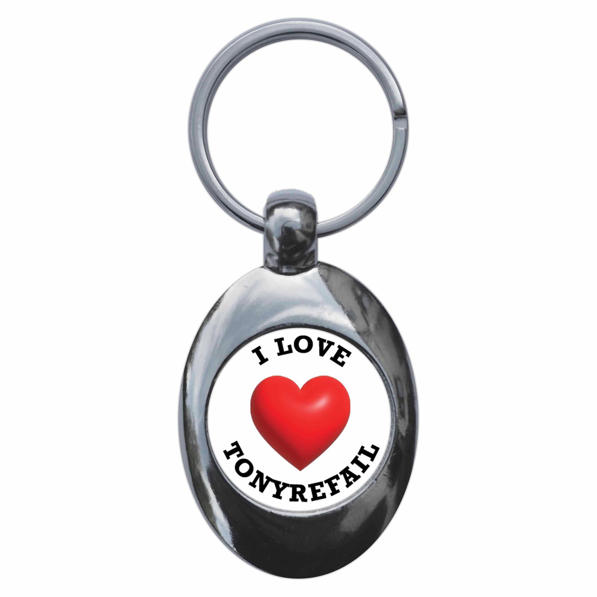 A picture of the front of the product, titled I Heart Love Tonyrefail Metal Keyring With Trolley Coin