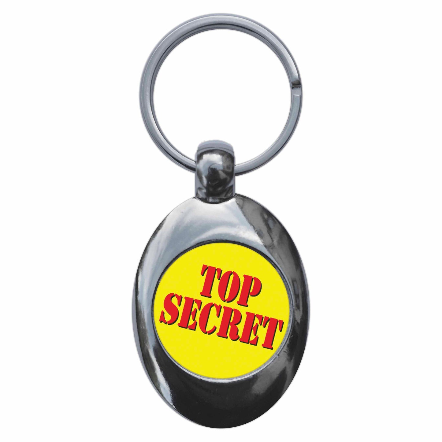 A picture of the front of the product, titled Top Secret Metal Keyring With Trolley Coin