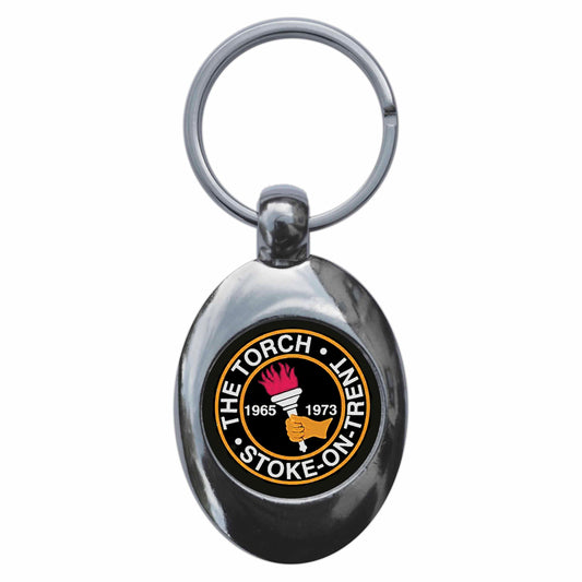 A picture of the front of the product, titled Northern Soul The Torch Stoke-On-Trent Metal Keyring With Trolley Coin