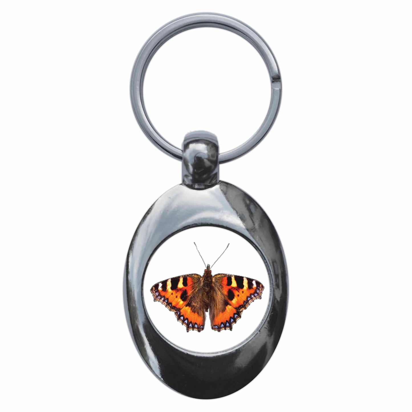 A picture of the front of the product, titled Tortoiseshell Butterfly Metal Keyring With Trolley Coin