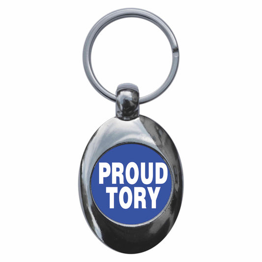A picture of the front of the product, titled Proud Tory Conservative Metal Keyring With Trolley Coin