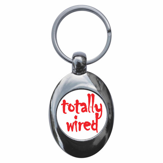 A picture of the front of the product, titled Totally Wired Metal Keyring With Trolley Coin
