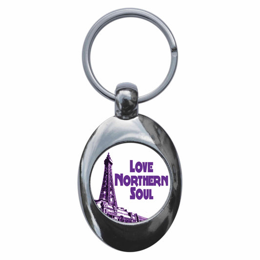 A picture of the front of the product, titled Love Northern Soul Metal Keyring With Trolley Coin