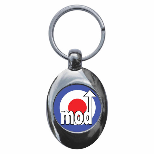 A picture of the front of the product, titled Mod Target Roundel Metal Keyring With Trolley Coin