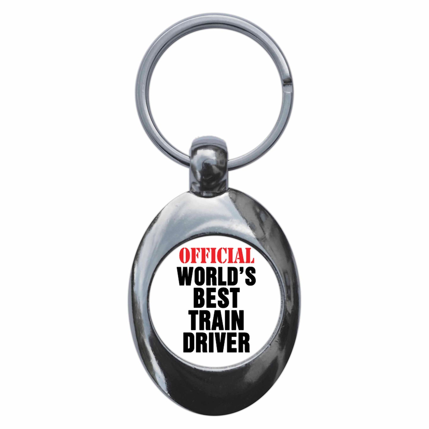 A picture of the front of the product, titled Official World's Best Train Driver Metal Keyring With Trolley Coin