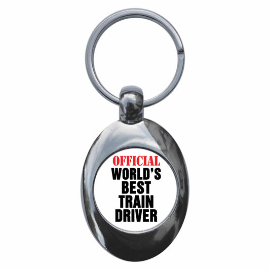 A picture of the front of the product, titled Official World's Best Train Driver Metal Keyring With Trolley Coin