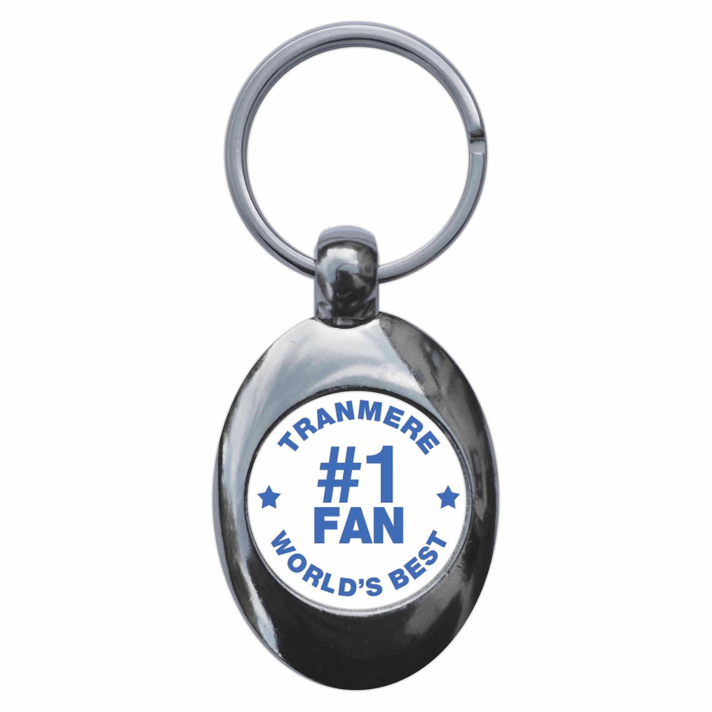 A picture of the front of the product, titled Tranmere #1 Fan Metal Keyring With Trolley Coin