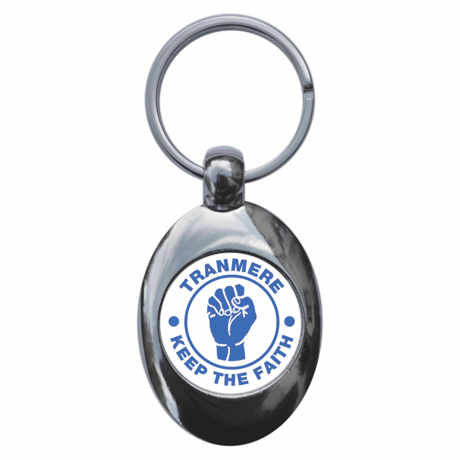 A picture of the front of the product, titled Tranmere Keep The Faith Northern Soul Metal Keyring With Trolley Coin