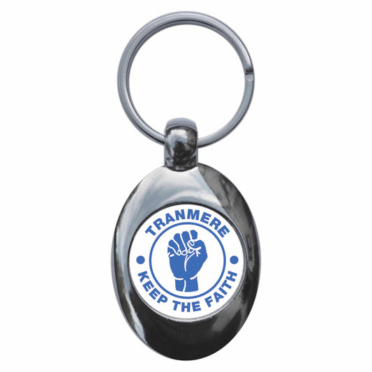 A picture of the front of the product, titled Tranmere Keep The Faith Northern Soul Metal Keyring With Trolley Coin