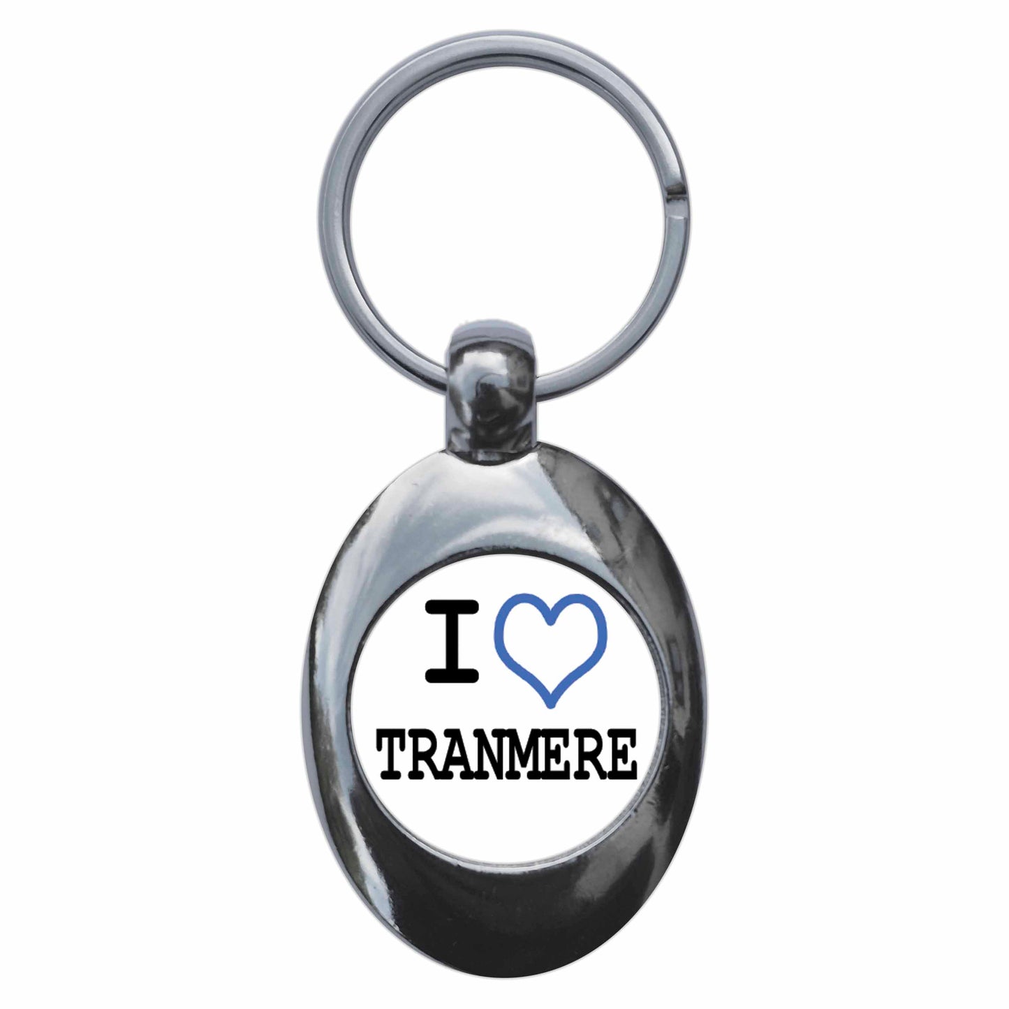 A picture of the front of the product, titled I Heart Love Tranmere Metal Keyring With Trolley Coin