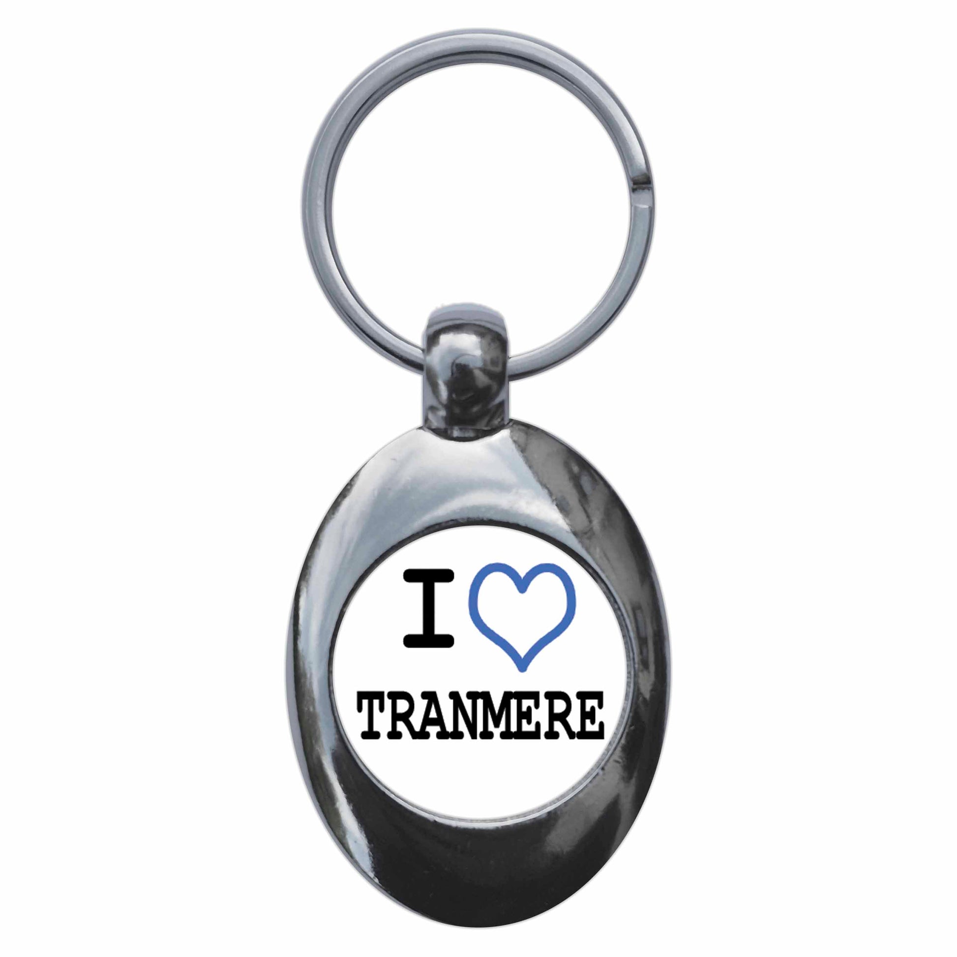 A picture of the front of the product, titled I Heart Love Tranmere Metal Keyring With Trolley Coin