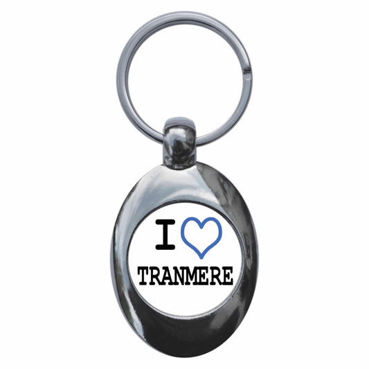 A picture of the front of the product, titled I Heart Love Tranmere Metal Keyring With Trolley Coin