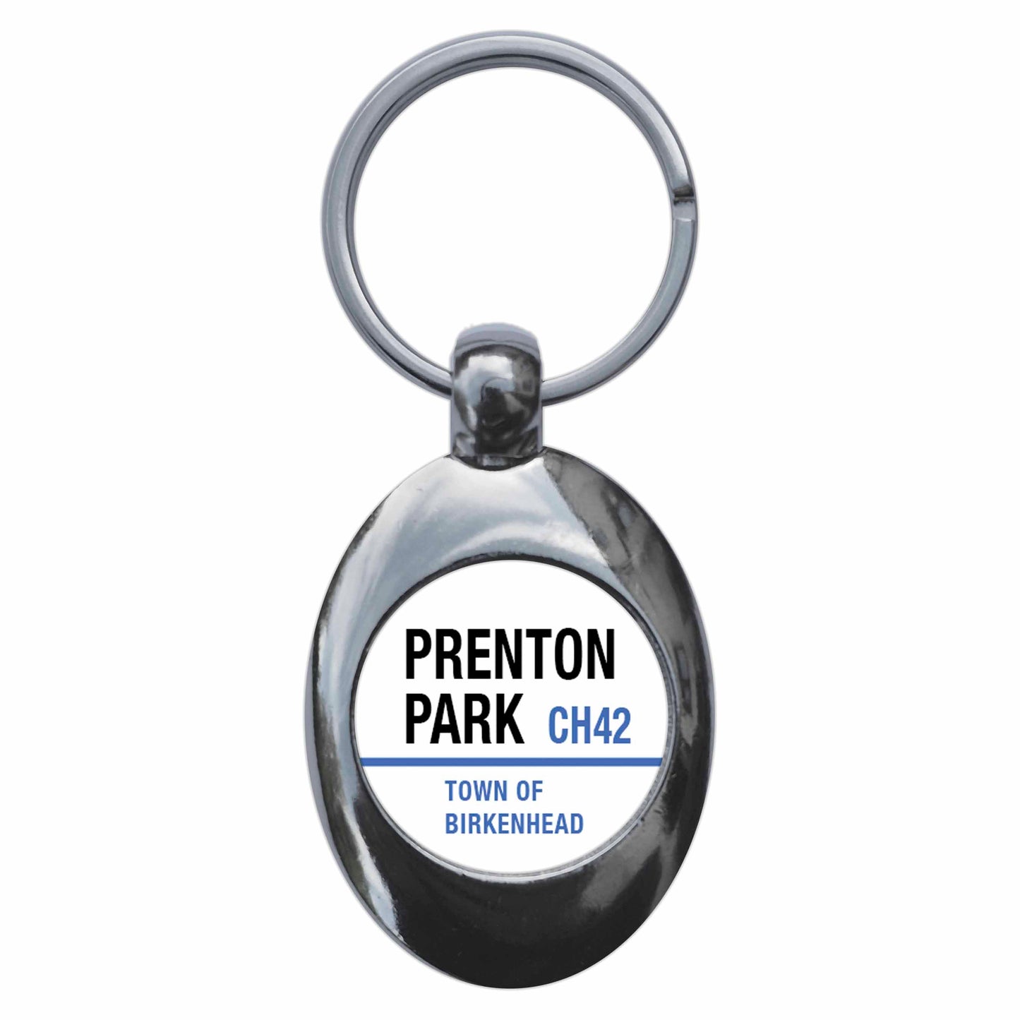 A picture of the front of the product, titled Prenton Park CH42 Tranmere Birkenhead Road Sign Metal Keyring With Trolley Coin