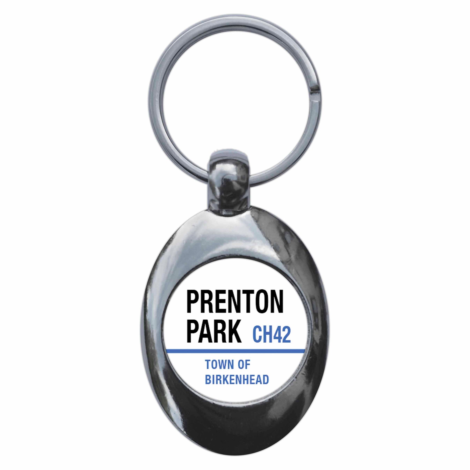 A picture of the front of the product, titled Prenton Park CH42 Tranmere Birkenhead Road Sign Metal Keyring With Trolley Coin