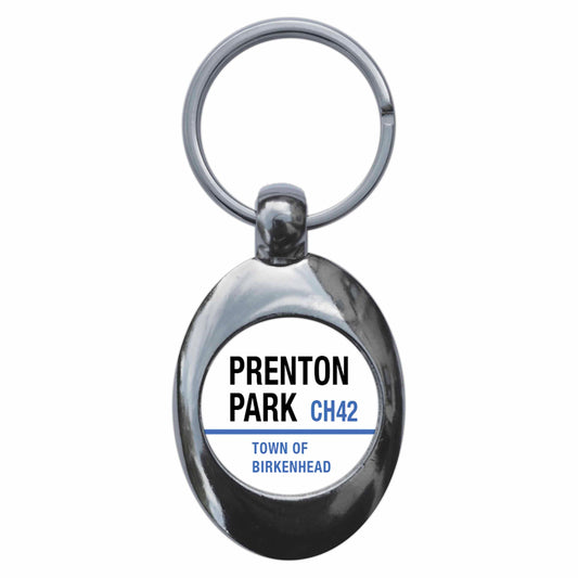 A picture of the front of the product, titled Prenton Park CH42 Tranmere Birkenhead Road Sign Metal Keyring With Trolley Coin