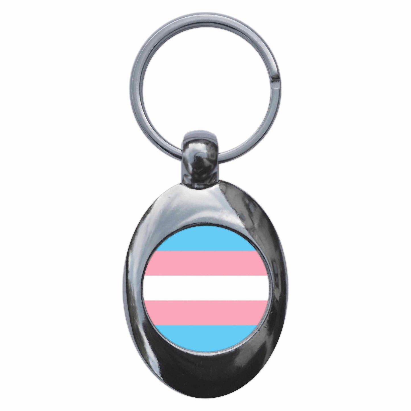 A picture of the front of the product, titled Transgender Trans Flag LGBTQ Pride Metal Keyring With Trolley Coin