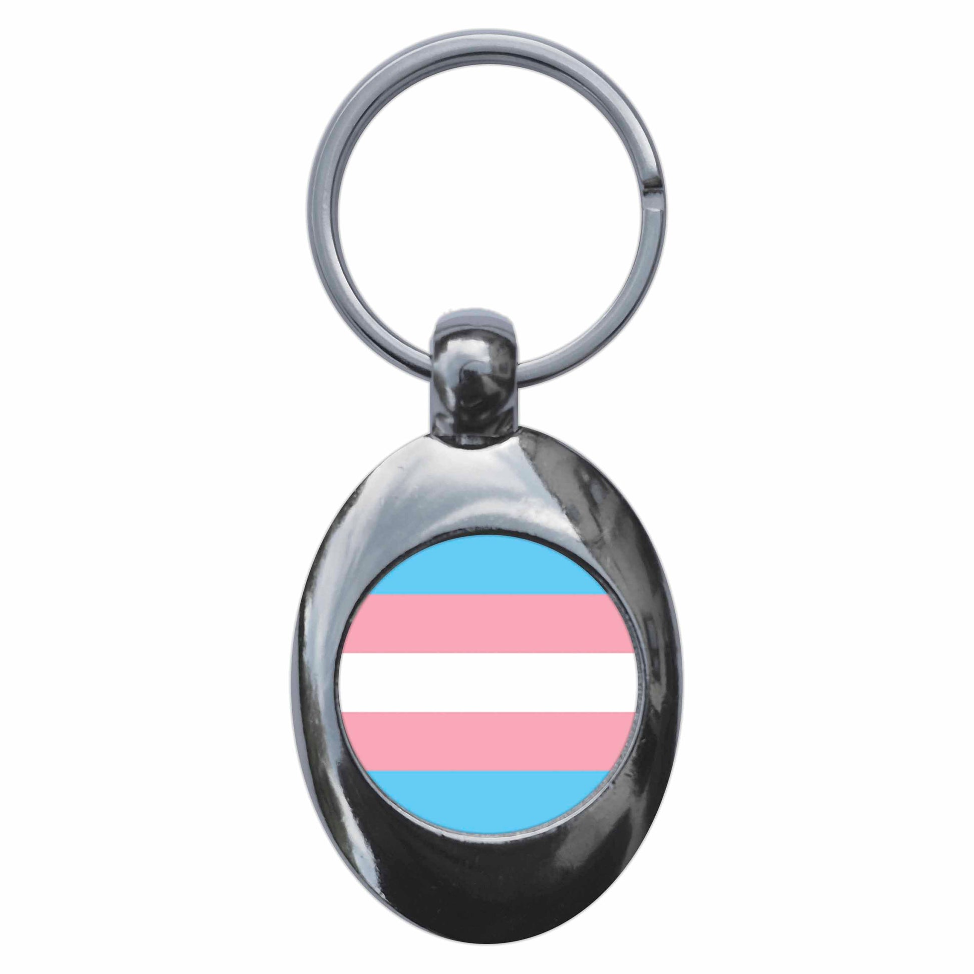 A picture of the front of the product, titled Transgender Trans Flag LGBTQ Pride Metal Keyring With Trolley Coin