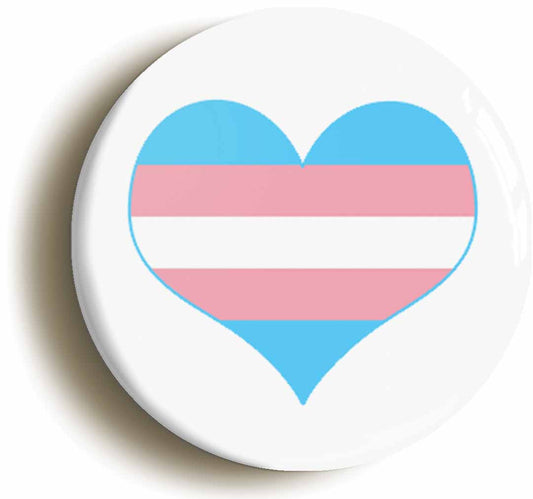 A picture of the front of the product, titled Transgender Heart LGBTQ Pride Button Pin Badge
