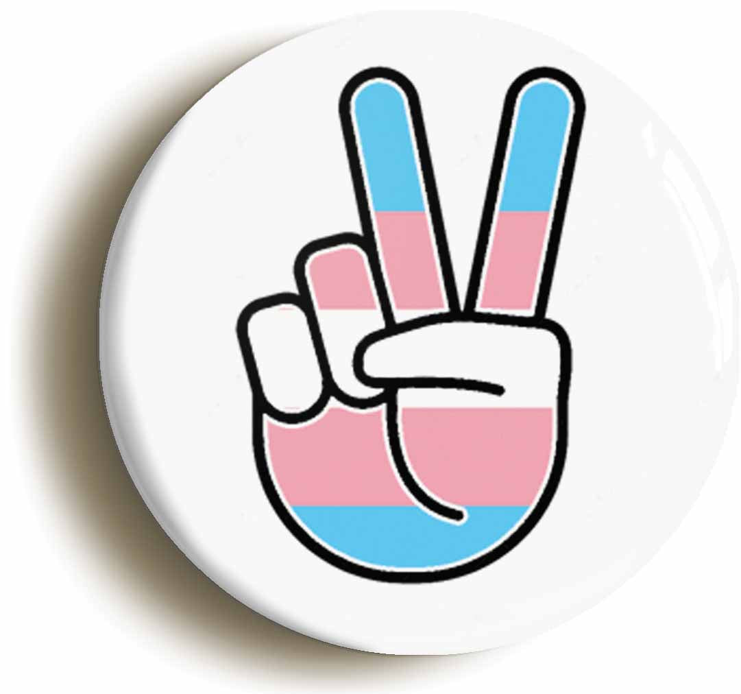 A picture of the front of the product, titled Transgender Pride Flag Peace Sign V Button Pin Badge