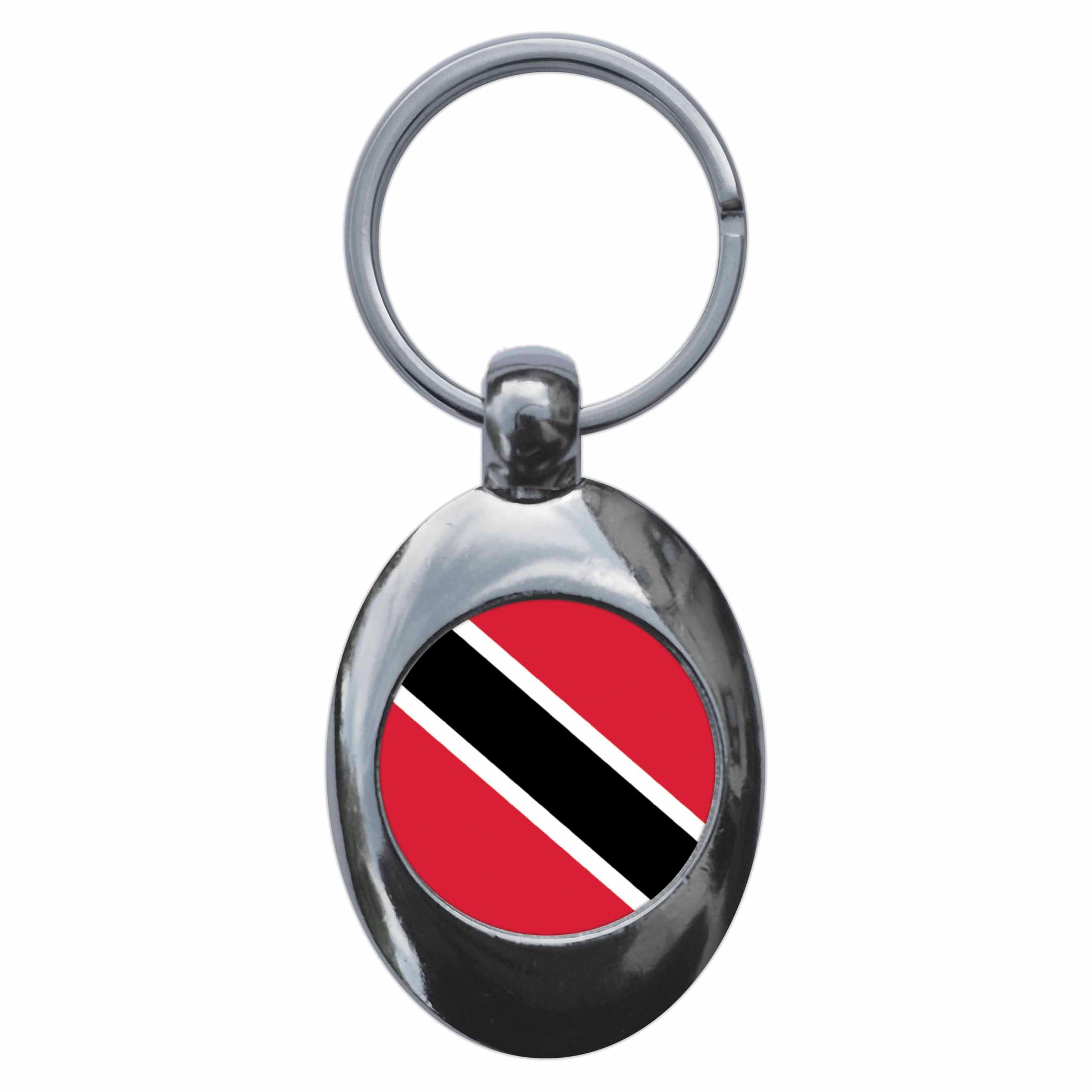 A picture of the front of the product, titled Trinadad And Tobago National Flag Metal Keyring With Trolley Coin