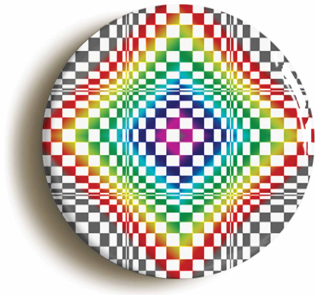 A picture of the front of the product, titled Psychedelic Check Pattern Button Pin Badge