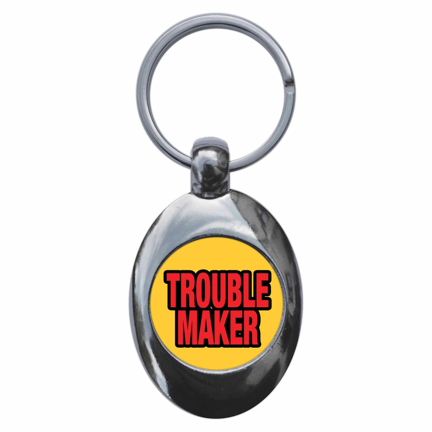 A picture of the front of the product, titled Trouble Maker Metal Keyring With Trolley Coin