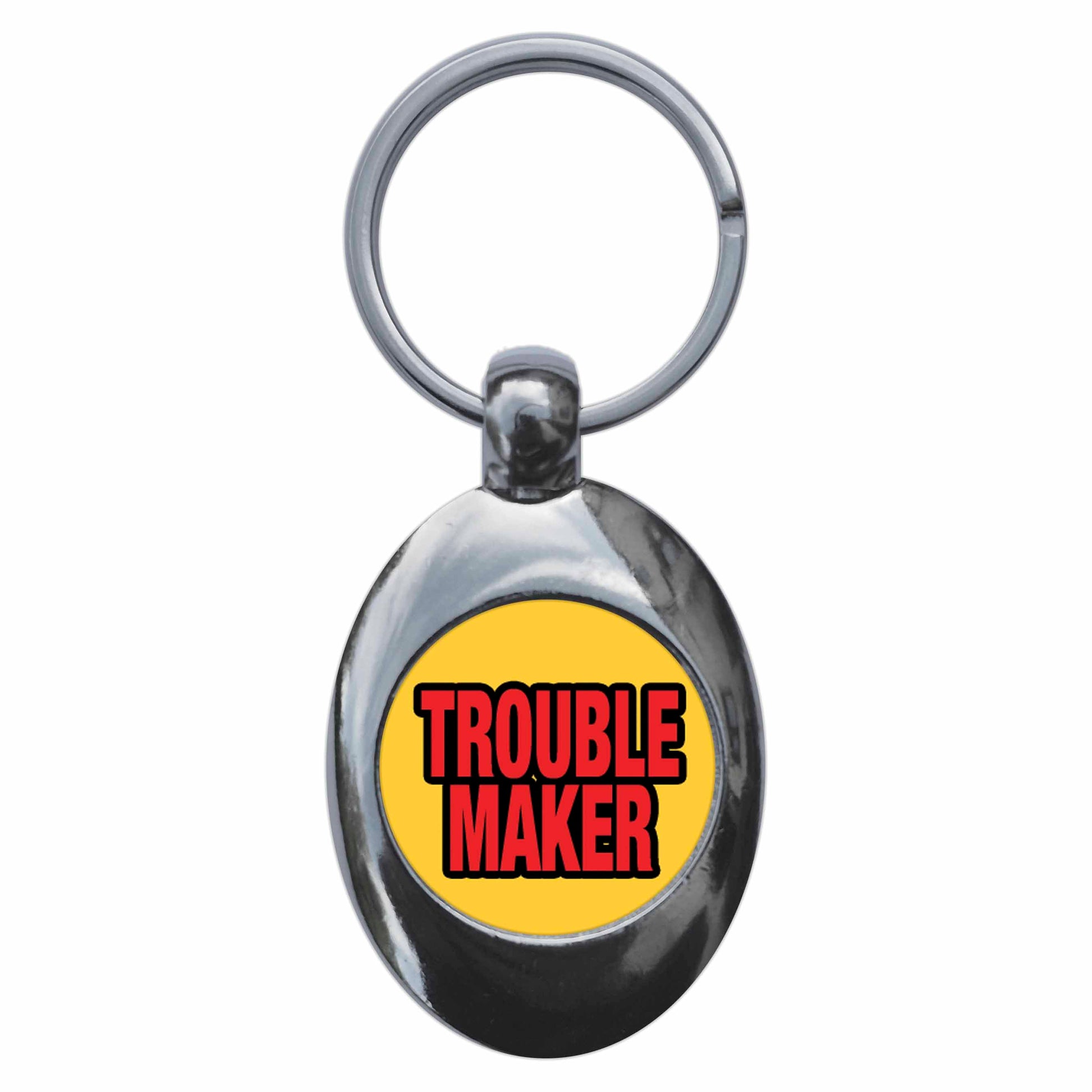 A picture of the front of the product, titled Trouble Maker Metal Keyring With Trolley Coin