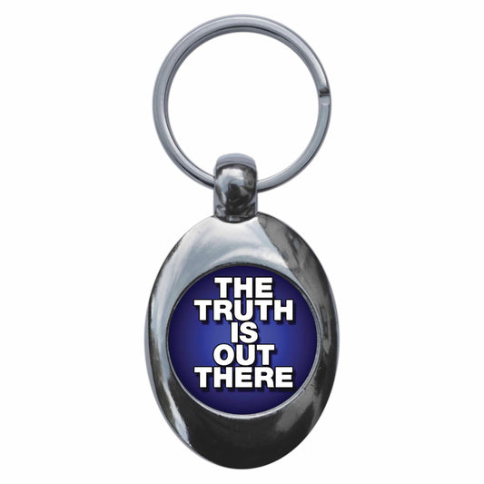 A picture of the front of the product, titled The Truth Is Out There Metal Keyring With Trolley Coin