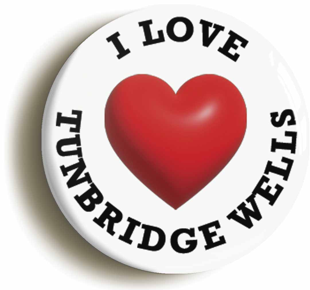 A picture of the front of the product, titled I Heart Love Tunbridge Wells Location Button Pin Badge