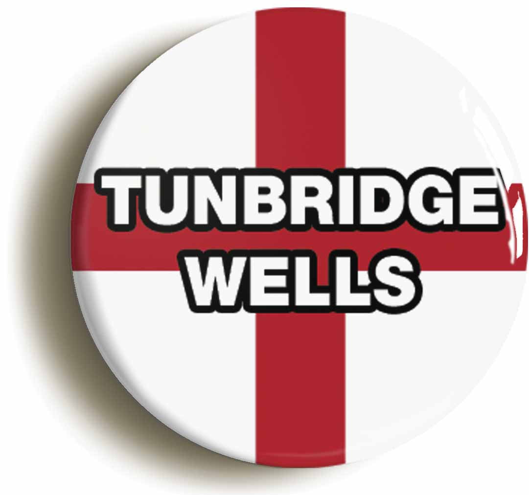 A picture of the front of the product, titled Tunbridge Wells England Flag Button Pin Badge