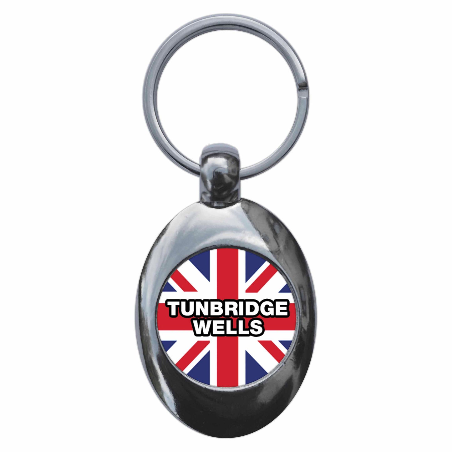 A picture of the front of the product, titled Tunbridge Wells Union Jack Metal Keyring With Trolley Coin