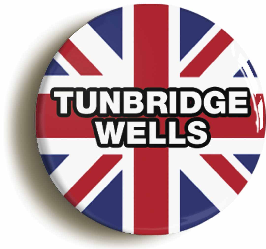 A picture of the front of the product, titled Tunbridge Wells Union Jack Button Pin Badge